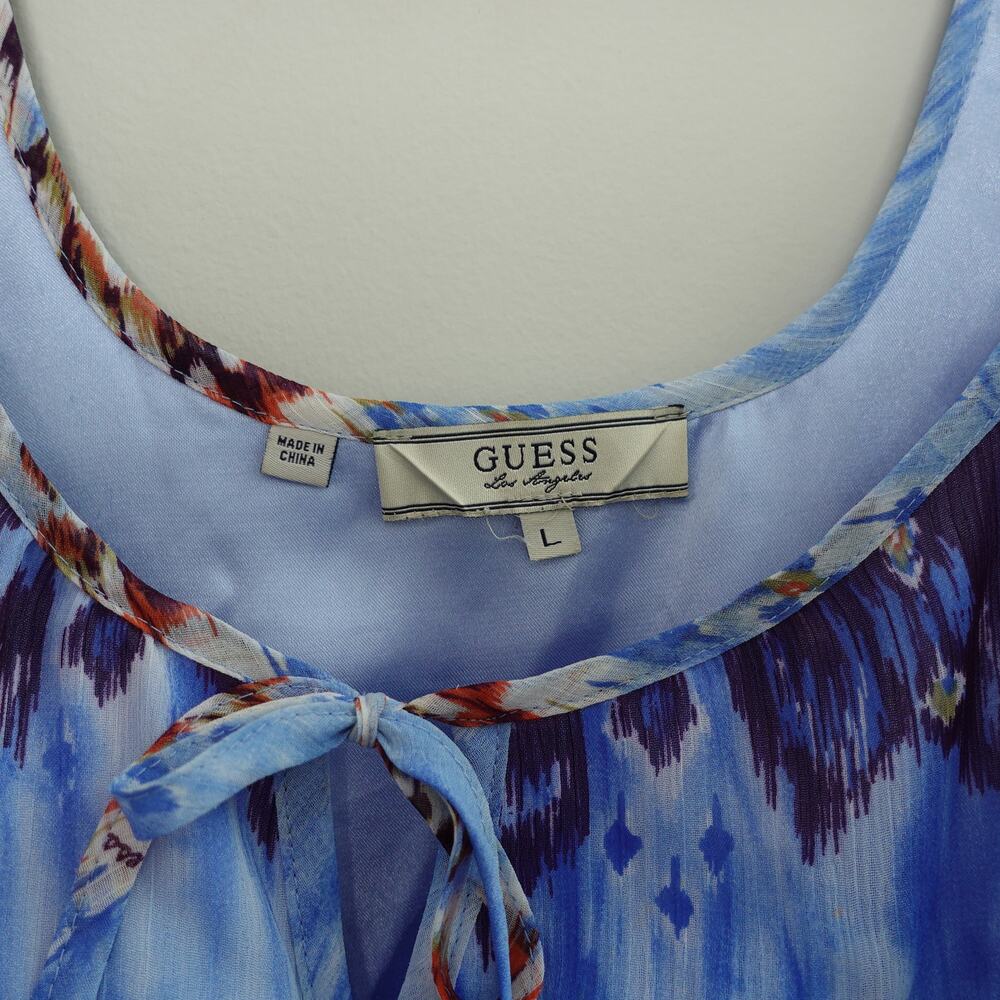Guess Blue Multicolor Short Mini Boho Flutter Sleeve Blouson Dress Size Large - Picture 2 of 9